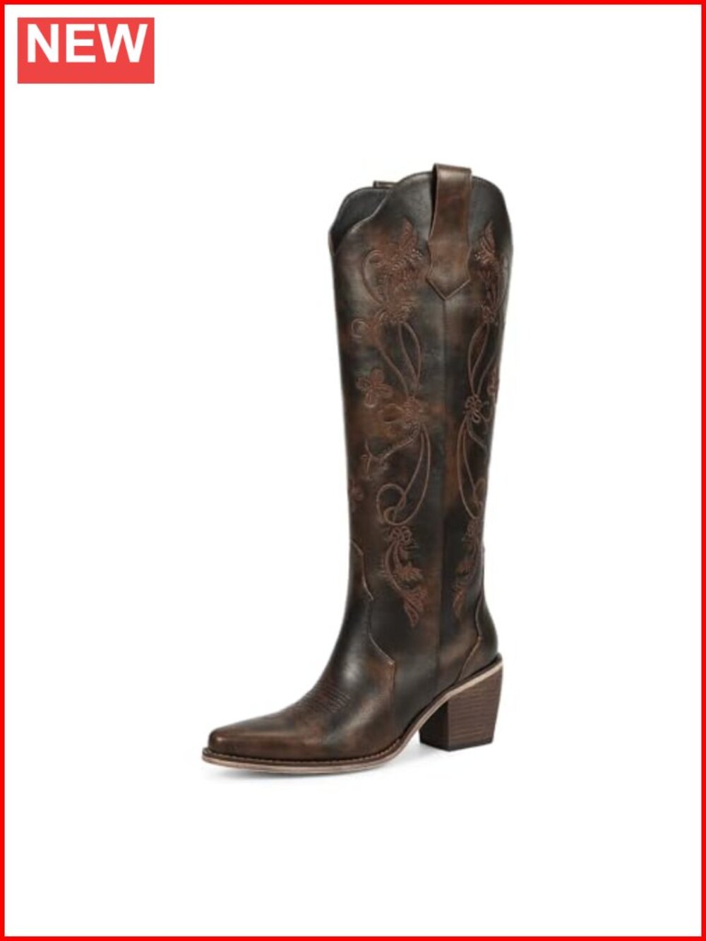 Knee High Cowboy Boots Faux Leather Floral Embroidered Pointed Toe Western